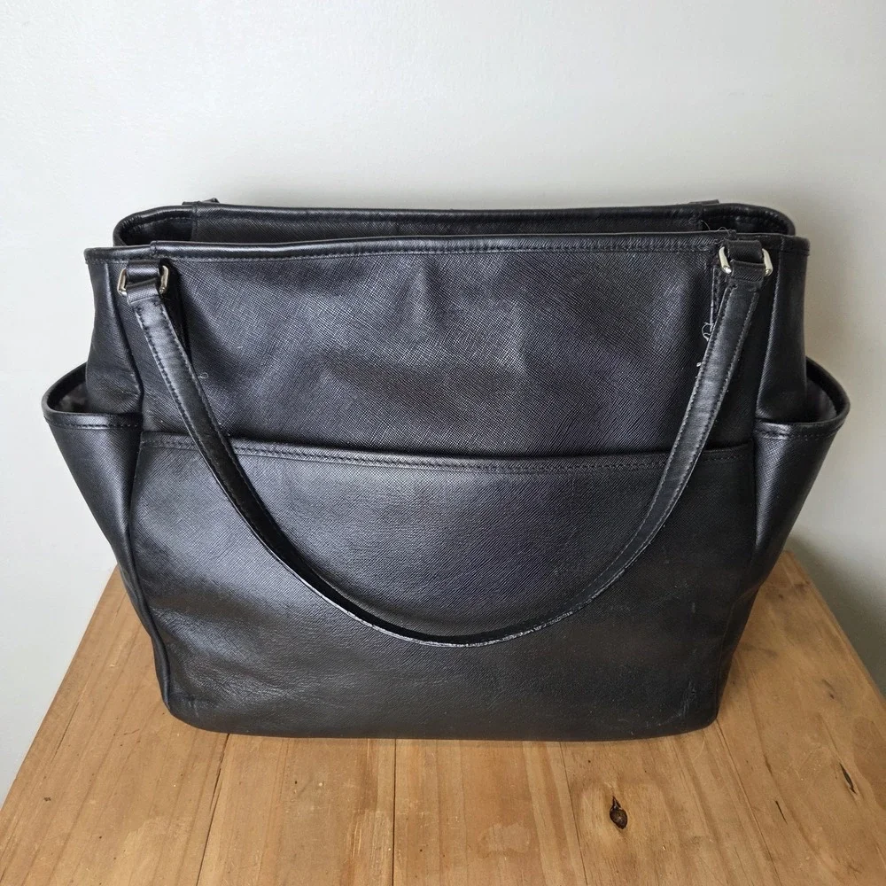 Coach Black Saffiano Leather Tote Shoulder Bag Silver Hardware Multi Pocket...